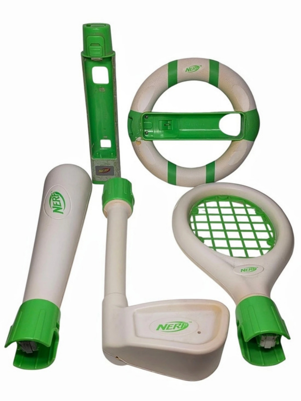 Nintendo Wii Nerf Sports Pack Accessories Kit Bundle Racket Bat Golf Wheel Green